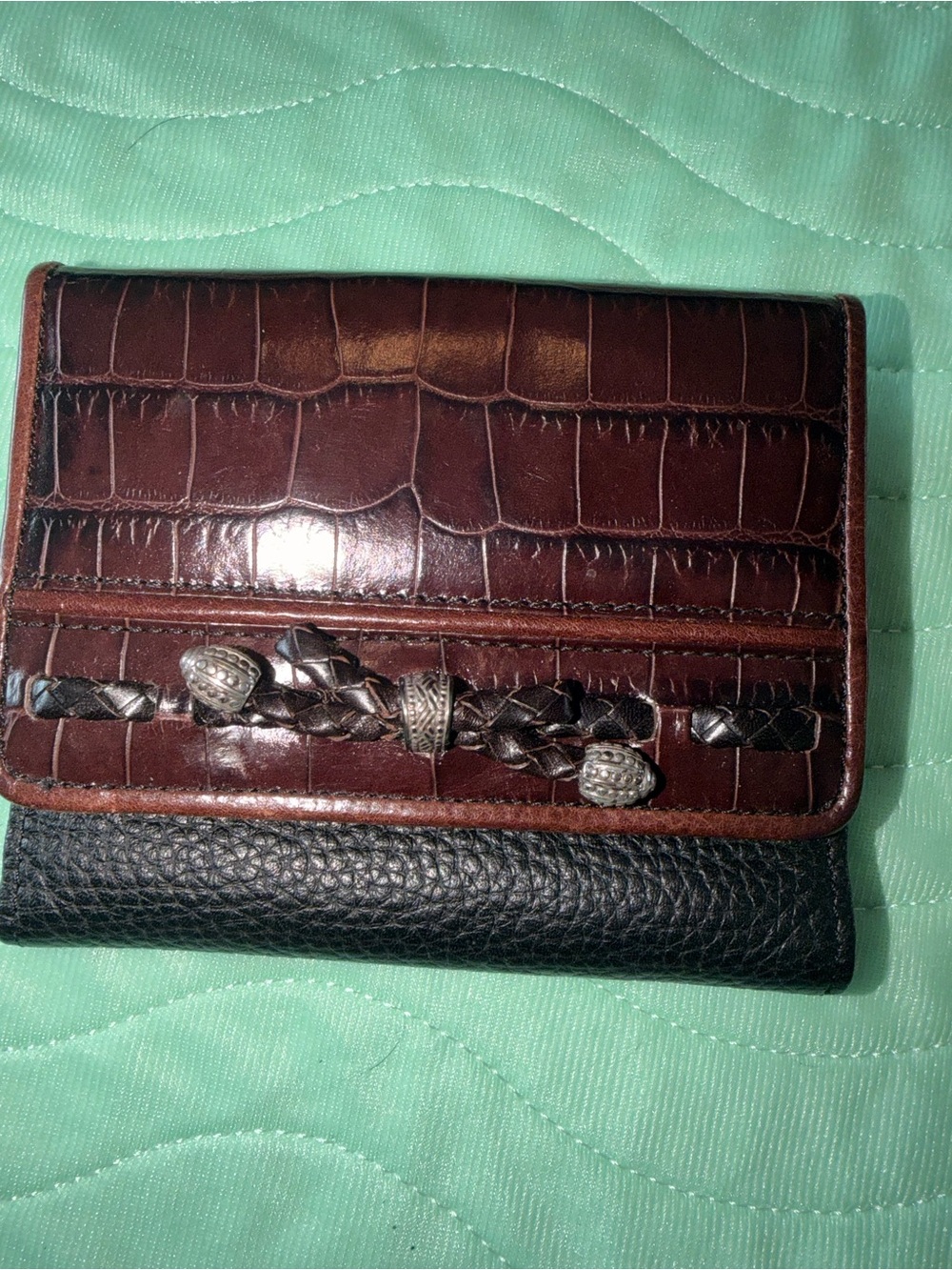 Brighton Brown & Black Croc-Embossed Leather Wallet with Braided Accent